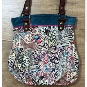 Lucky Brand Trippin’ Out Rainbow Butterfly Peace Canvas Suede XL Hobo Tote Bag